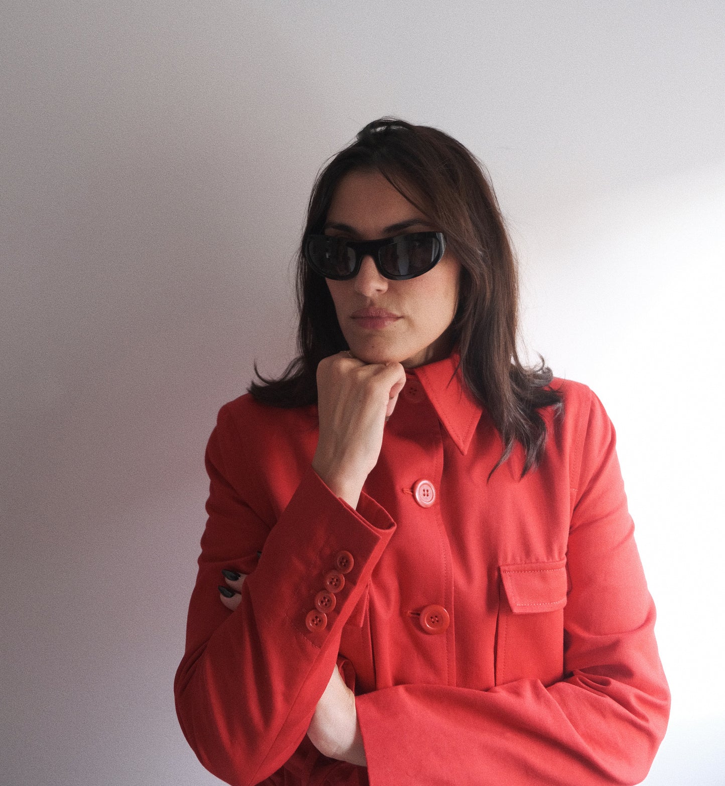 Model wearing the Red Safari jacket