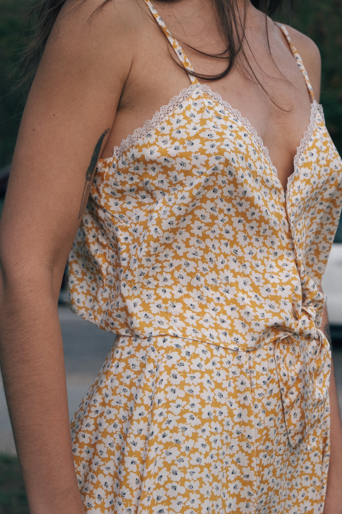 Perspective view of the model wearing the #1set top and skirt