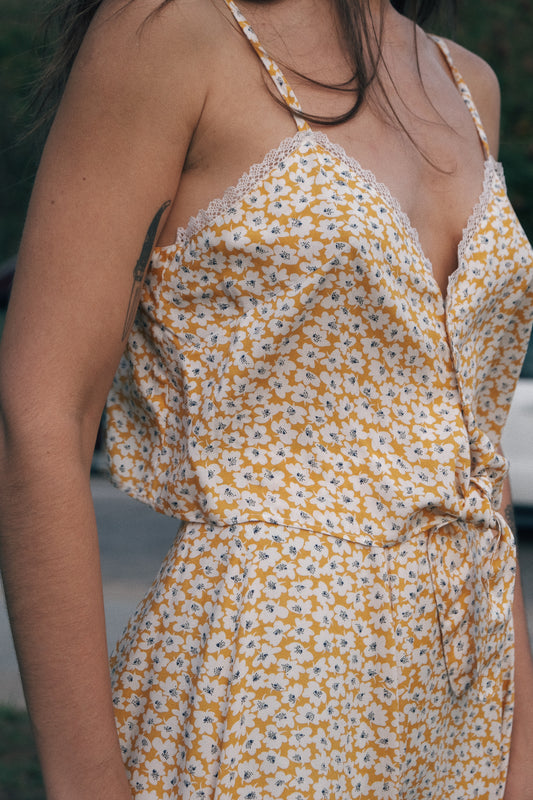 Perspective view of the model wearing the #1set top and skirt